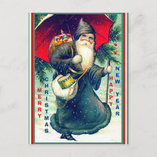 Carte Postale Père Noël Vintage rare avec parapluie rouge, vêtem