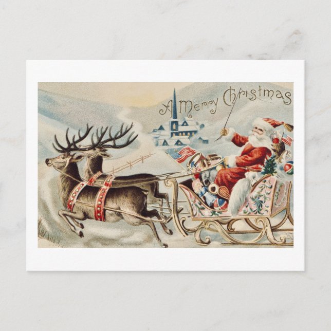 Carte Postale Père Noël vintage Sleigh Reindeer (Devant)