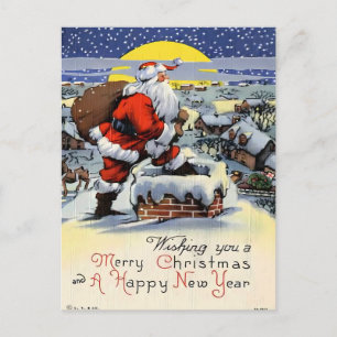 Carte Postale Père Noël vintage sur un toit enneigé