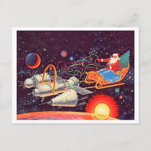 Carte Postale Père Noël volant avec des fusées, Nouvel An vintag