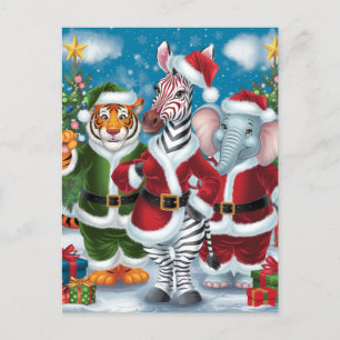 Carte Postale Père Noël Zebra, Tigre et Eléphant