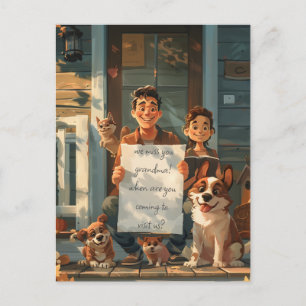 Carte Postale Père, Son Fils, Chiens et un chat