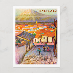 Carte Postale Pérou, toits de ville sous la montagne, vintage