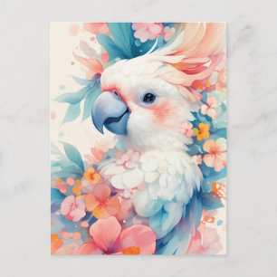 Carte Postale Perroquet Cacatoès blanc avec Fleur d'Hibiscus ros