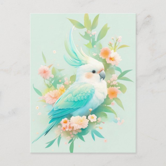 Carte Postale Perroquet Cacatoès blanc et sarcelle avec Fleur de (Devant)