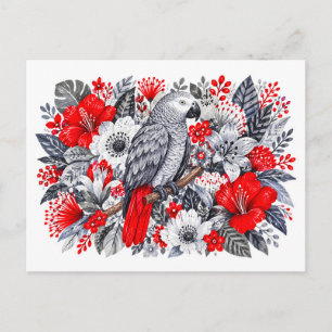 Carte Postale Perroquet Gris Africain Hibiscus Rouge Illustratio