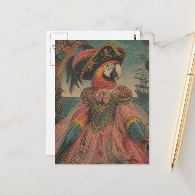 Carte Postale Perroquet pirate adorable (Devant/Arrière en situation)