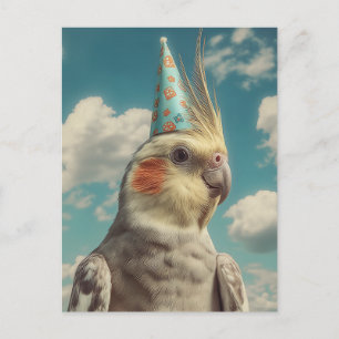 Carte Postale Perruche calopsitte avec chapeau d'anniversaire su