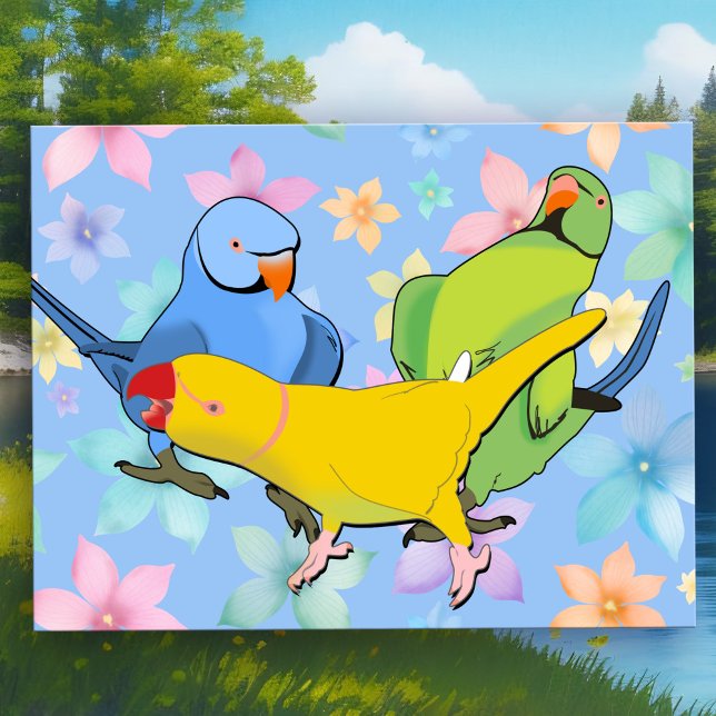 Carte Postale Perruches à collier vibrant Indien Oiseaux de comp (Vibrant Indian Ringneck Parakeet Postcard - Playful Pop Art Birds in Green, Blue & Yellow )