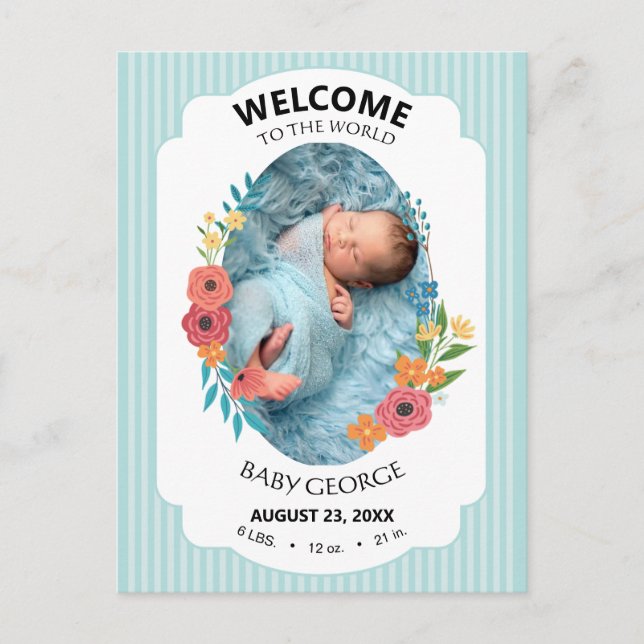 Carte Postale personalized baby blue floral Birth announcements (Devant)