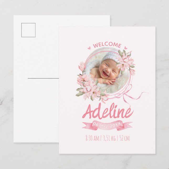 Carte Postale personalized baby blue floral Birth announcements (Devant / Derrière)