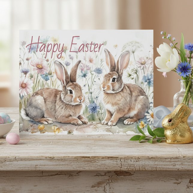 Carte Postale Personalized Easter Bunnies And Floral Watercolor (Créateur téléchargé)