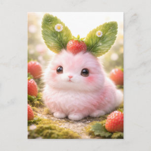 Carte Postale Personnage lapin rose adorable avec fraise