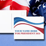 Carte Postale Personnalisé Ajouter votre propre candidat à la pr<br><div class="desc">Customisez vos propres cartes postales de campagne politique en ajoutant votre propre nom ou un autre politicien sous ce drapeau artistique américain en rouge,  blanc et bleu. Ajoutez un nom personnalisé pour président en 2024.</div>