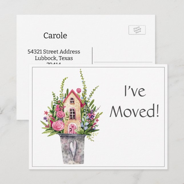Carte Postale Personnalisé, j'ai déménagé, Aquarelle Illustratio (Devant / Derrière)