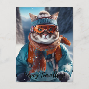 Carte Postale Personnalisez Chat skiant sur les pentes enneigées