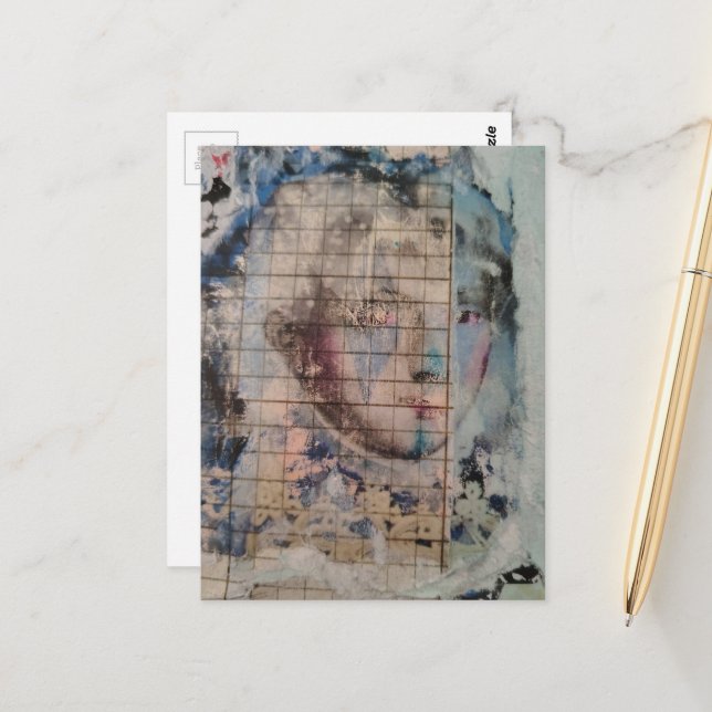Carte Postale Personne abstraite unique en collage multimédia (Devant/Arrière en situation)