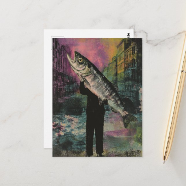 Carte Postale Personne avec un poisson géant (Devant/Arrière en situation)