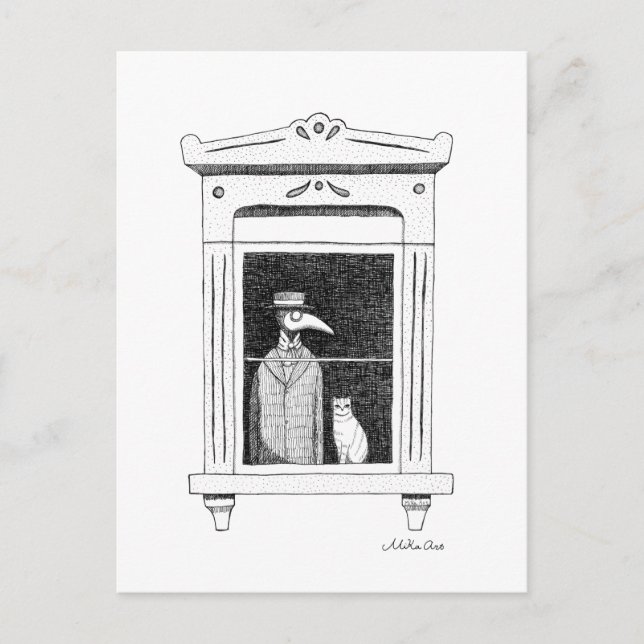 Carte Postale Peste Docteur avec chat à la fenêtre Art Steampunk (Devant)