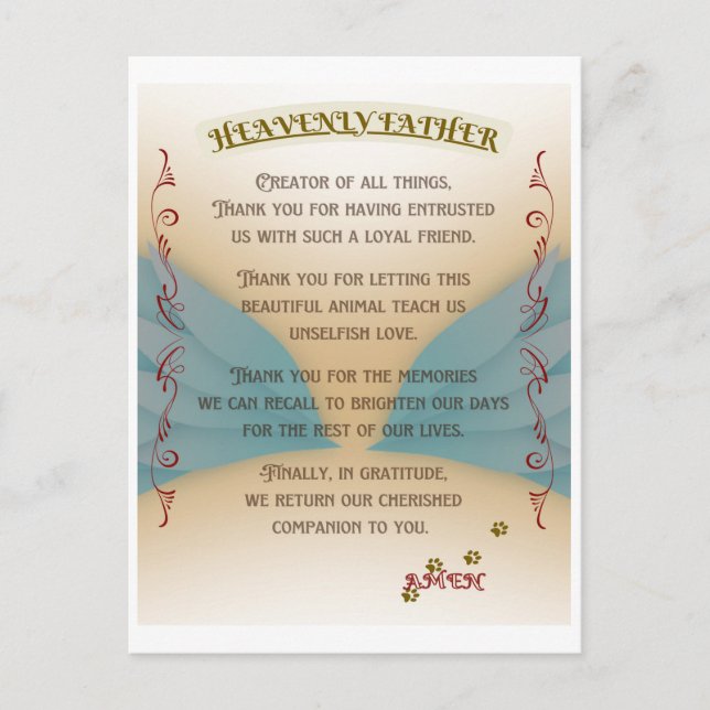 Carte Postale Pet Memorial Prayer, Angel wings and Paws Canvas P (Devant)