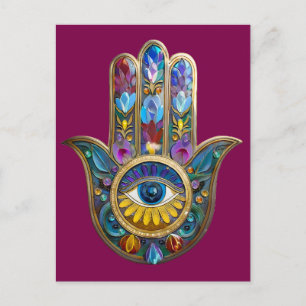 Carte Postale Pétales Colorés Feuilles Hamsa Saphir Troisième Œi