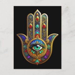 Carte Postale Pétales de fleurs de couleur de paon Hamsa Vert Tr