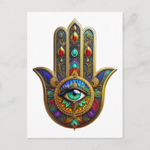 Carte Postale Pétales de fleurs de couleur de paon Hamsa Vert Tr