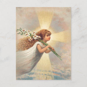 Carte Postale Petit ange bébé tenant des lis