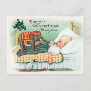 Carte Postale Petit bébé avec jouet éléphant, Noël vintage