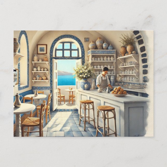Carte Postale Petit café à Santorin (Devant)