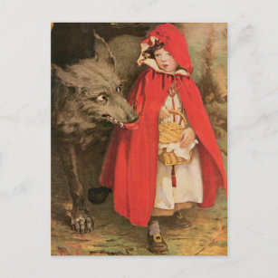 Carte Postale Petit chapeau rouge vintage et grand loup méchant