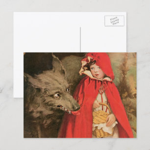 Carte Postale Petit chapeau rouge vintage et grand loup méchant