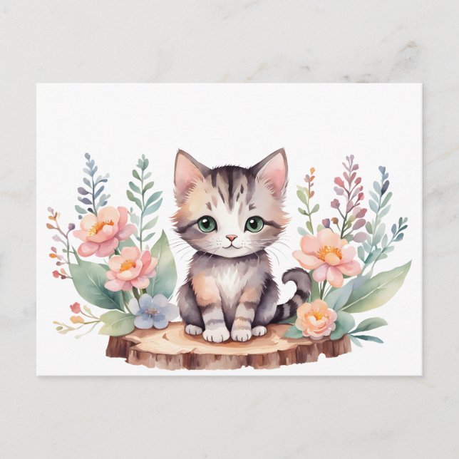 Carte Postale Petit chat avec des fleurs (Devant)