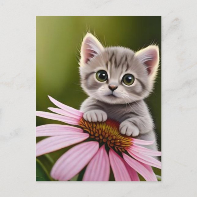 Carte Postale Petit chat gris mignon floral (Devant)