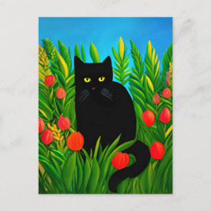 Carte Postale Petit chat noir dans un jardin de tulipes