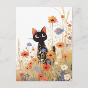 Carte Postale Petit chat noir dans une prairie de fleurs sauvage