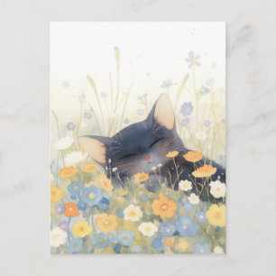 Carte Postale Petit Chat Noir Endormi dans une Prairie de Fleurs