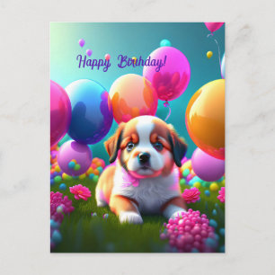 Carte Postale Petit chiot avec ballons - anniversaire