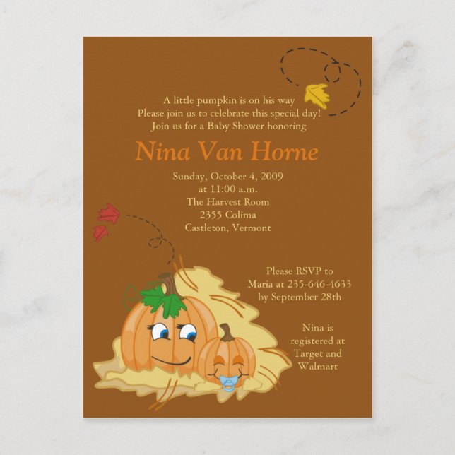 Carte Postale Petit Citrouille  automne Baby shower Invitation (Devant)