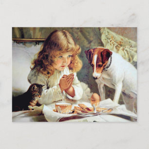 Carte Postale Petit déjeuner en Bed : Girl, Terrier et Kitty Cat