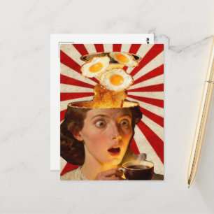 Carte Postale Petit déjeuner surréaliste toast et femme café rou