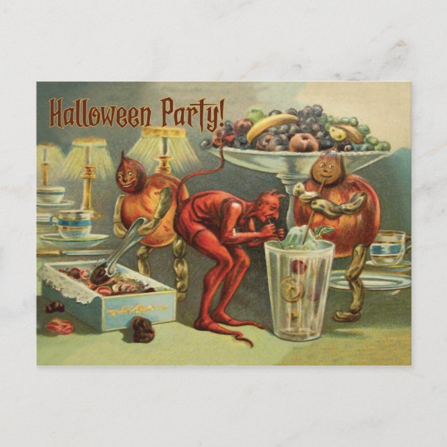 Carte Postale Petit Diable sur la Table, une fête d'Halloween (Devant)