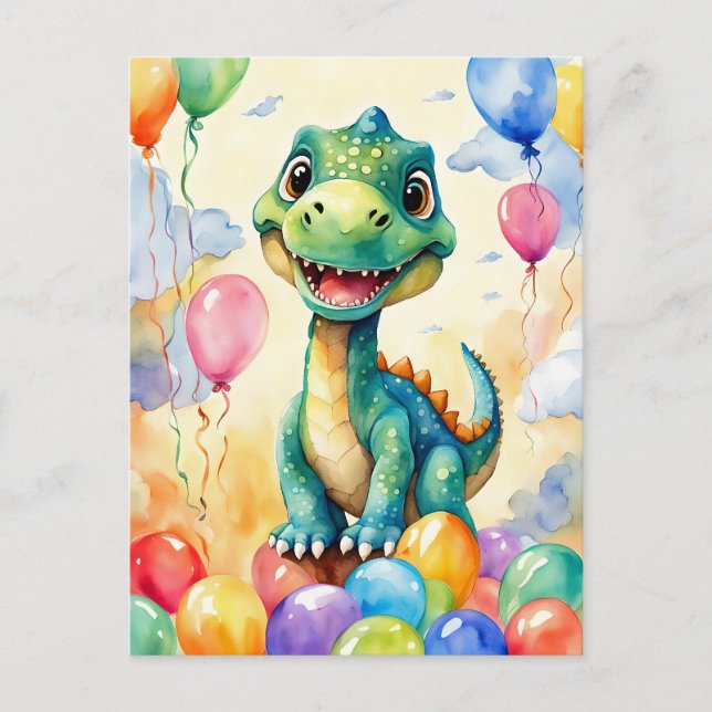 Carte Postale Petit dinosaure mignon avec beaucoup de ballons co (Devant)