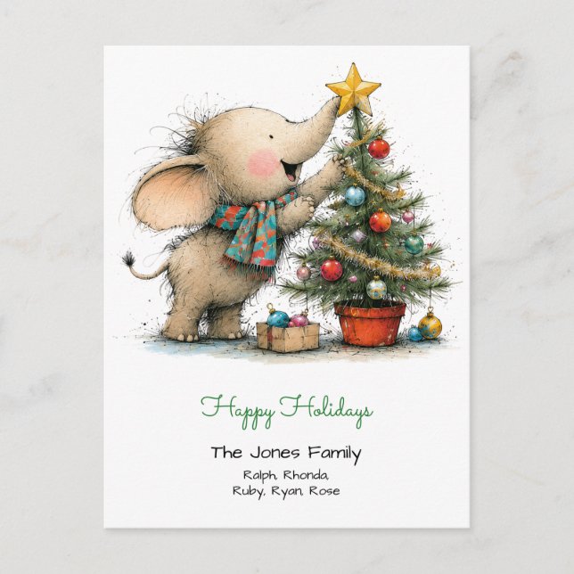 Carte Postale Petit éléphant fantaisiste avec arbre de Noël (Devant)
