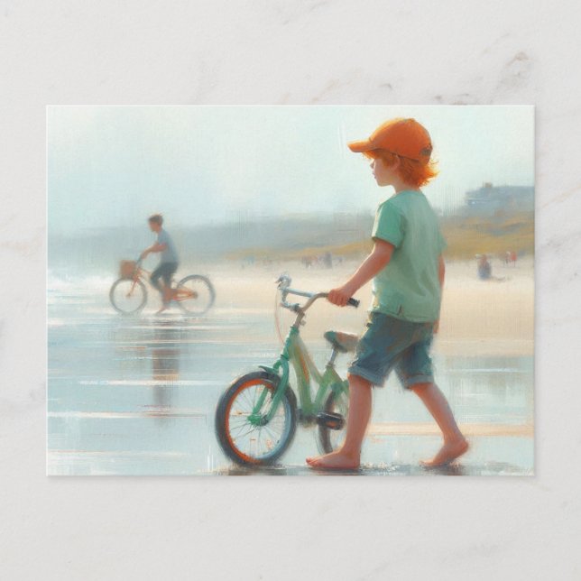 Carte Postale Petit garçon et son vélo sur la plage (Devant)