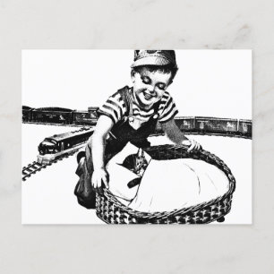 Carte Postale Petit Garçon Jouer avec train et chat Art Vintage