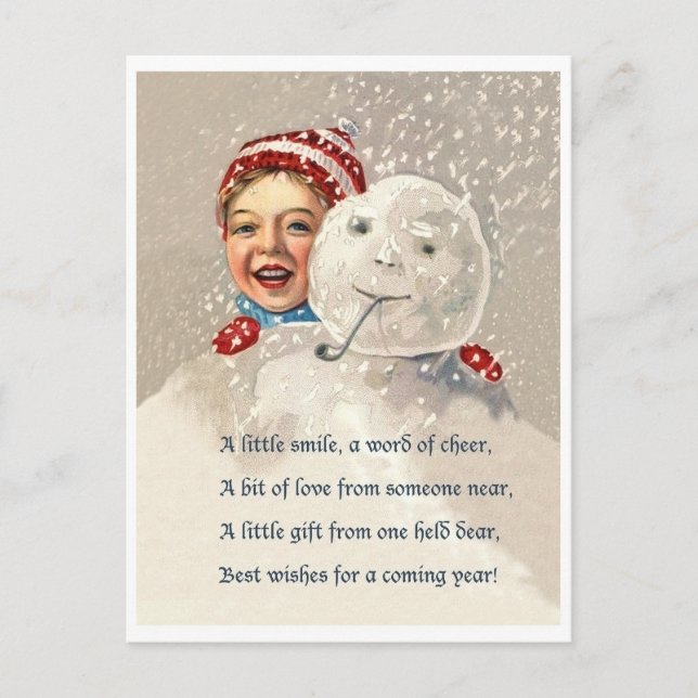 Carte Postale Petit garçon se cachant derrière un bonhomme de ne (Devant)