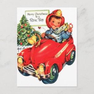 Carte Postale Petit garçon sur un jouet automobile, Noël vintage