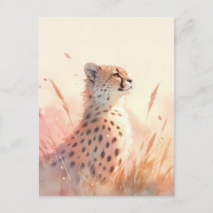 Carte Postale Petit guépard à l'aquarelle dans un champ d'herbe 
