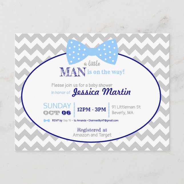 Carte Postale Petit Homme Bow Marine Blue Grey Boy Baby shower (Devant)